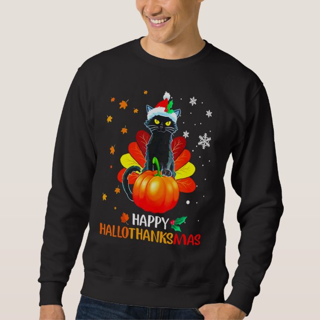 Black Cat Halloween And Merry Christmas Happy Hall Sweatshirt (Front)