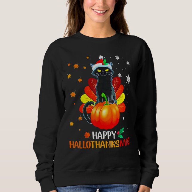Black Cat Halloween And Merry Christmas Happy Hall Sweatshirt (Front)