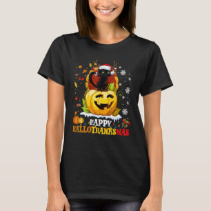 Black Cat Halloween And Merry Christmas Happy Hall T-Shirt