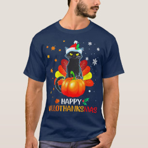 Black Cat Halloween And Merry Christmas Happy Hall T-Shirt