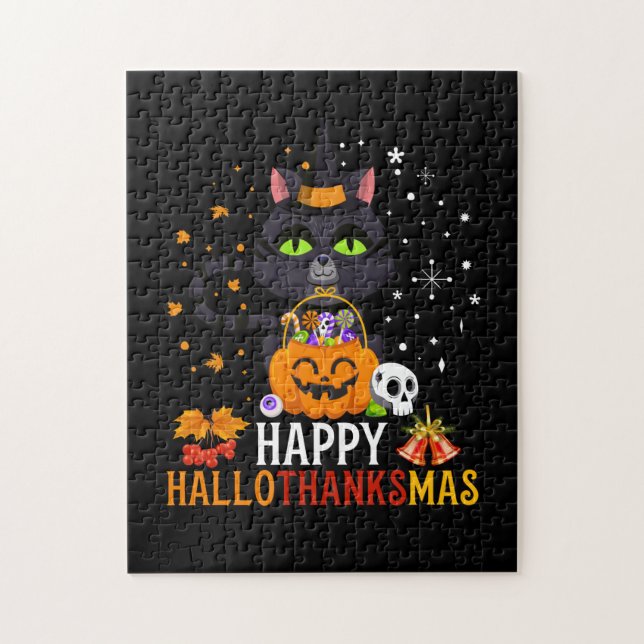Black Cat Halloween And Merry Christmas Jigsaw Puzzle (Vertical)