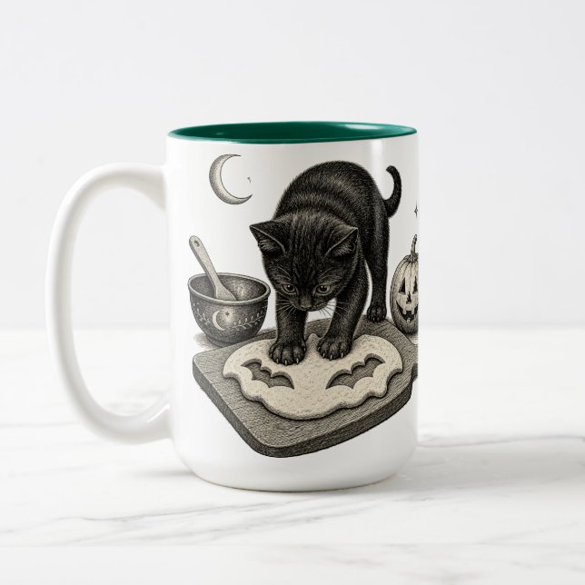Black Cat Halloween Baking Two-Tone Coffee Mug (Left)