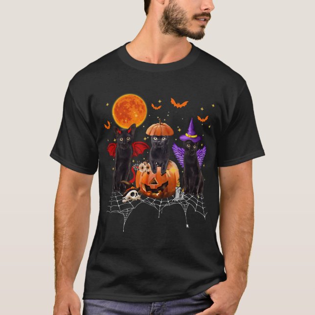 Black Cat Halloween, Black Cat Sitting On Pumpkin  T-Shirt (Front)