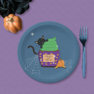 Black Cat Halloween Blue Paper Plate