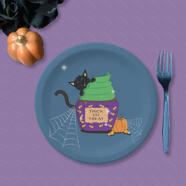 Black Cat Halloween Blue Paper Plate (Cute Halloween blue paper plate with a black cat .)