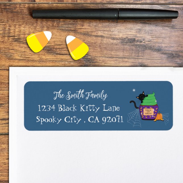 Black Cat Halloween Blue Return Address Labels (Creator Uploaded)