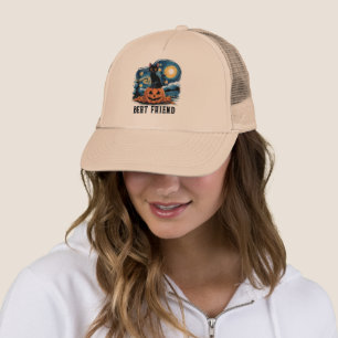 Black Cat Halloween Cat Lovers Starry Night Cat Trucker Hat