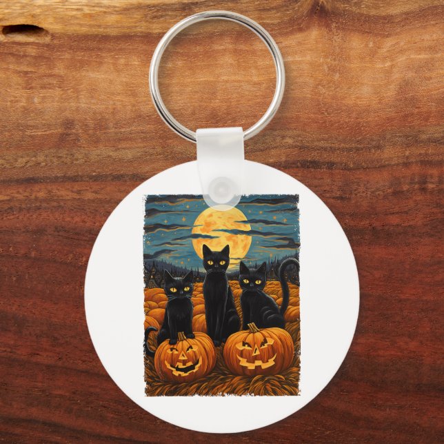 Black Cat Halloween Cat Lovers Starry Night Cat Va Key Ring (Front)
