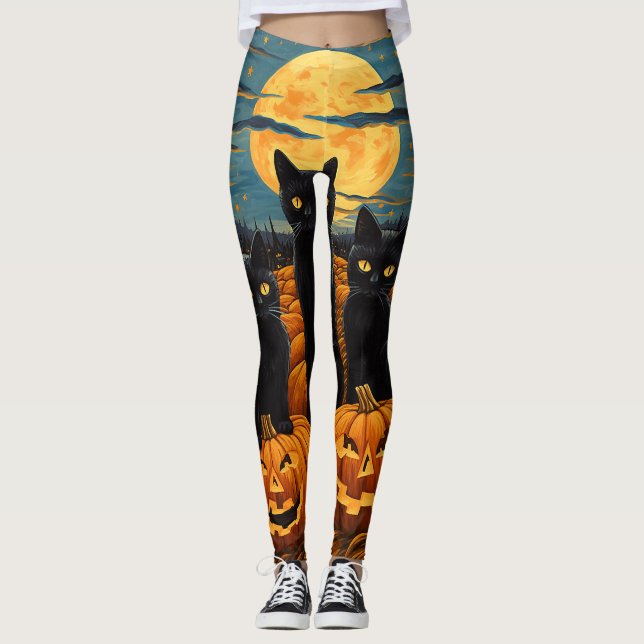 Black Cat Halloween Cat Lovers Starry Night Cat Va Leggings (Front)