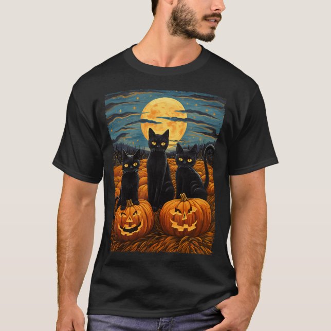 Black Cat Halloween Cat Lovers Starry Night Cat Va T-Shirt (Front)