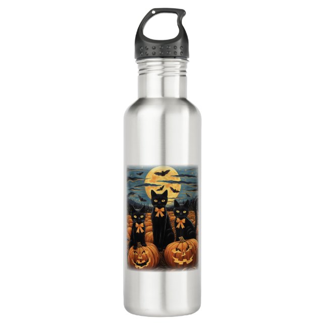 Black Cat Halloween Coquette Bow Cat Halloween Coq 710 Ml Water Bottle (Front)
