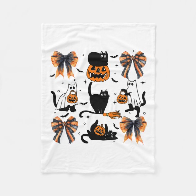 Black Cat Halloween Coquette Bow Halloween Pumpkin Fleece Blanket (Front)