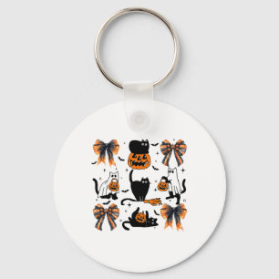 Black Cat Halloween Coquette Bow Halloween Pumpkin Key Ring