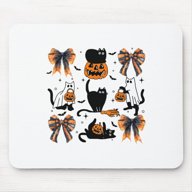 Black Cat Halloween Coquette Bow Halloween Pumpkin Mouse Pad (Front)