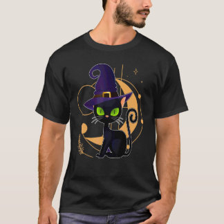 Black Cat Halloween Costume Scary Witch Hat Moon C T-Shirt