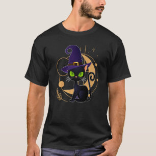 Black Cat Halloween Costume Scary Witch Hat Moon C T-Shirt