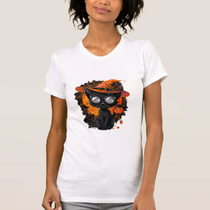 Black Cat Halloween Costume Witchcraft Spider Web T-Shirt