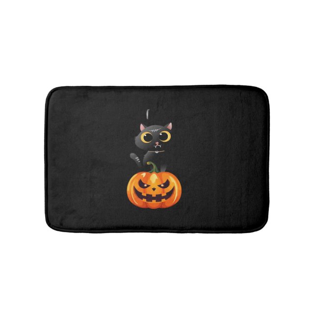 Black Cat Halloween Design – Spooky Pumpkin Art fo Bath Mat (Front)