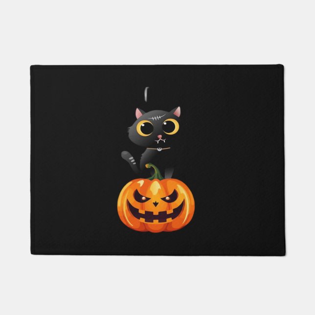 Black Cat Halloween Design – Spooky Pumpkin Art fo Doormat (Front)