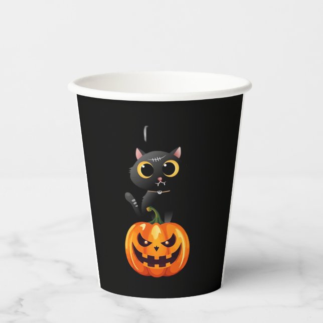 Black Cat Halloween Design � Spooky Pumpkin Art fo Paper Cups (Front)