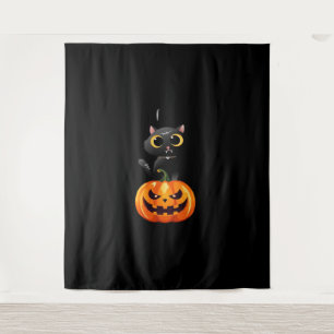 Black Cat Halloween Design – Spooky Pumpkin Art fo Tapestry