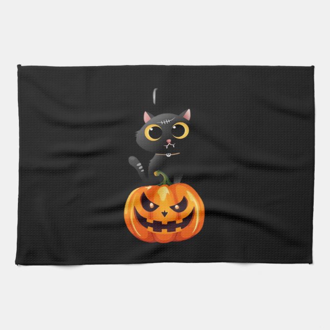 Black Cat Halloween Design – Spooky Pumpkin Art fo Tea Towel (Horizontal)