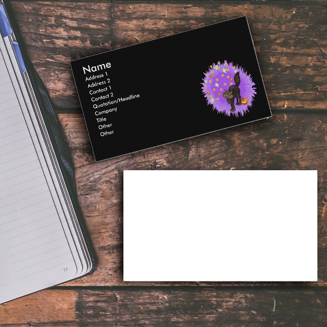Black Cat Halloween Fireworks Custom Business Card (Cute black cat arched back with pumpkins ghosts stars in purple starburst on black business cards.)