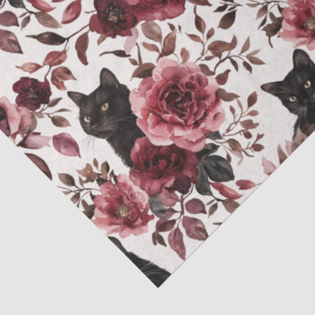 Black Cat Halloween Floral Decoupage Tissue Paper (Detail)
