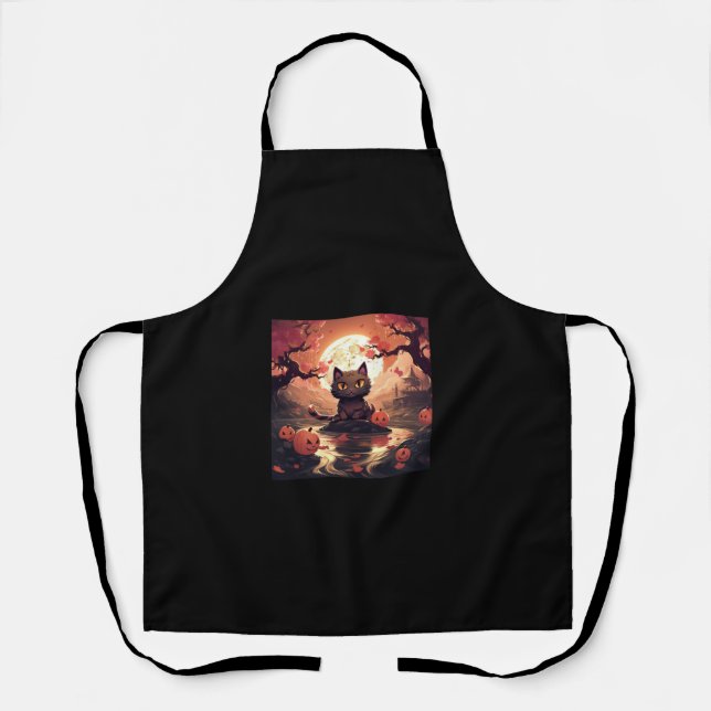 Black Cat Halloween_ Great Wave and Pumpkins  Apron (Front)