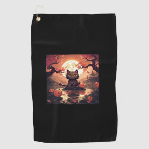 Black Cat Halloween_ Great Wave and Pumpkins Golf Towel