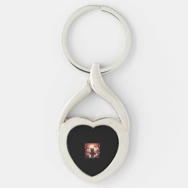 Black Cat Halloween_ Great Wave and Pumpkins  Key Ring (Front)
