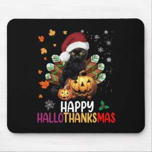 Black Cat Halloween Happy Hallothanksmas Merry Chr Mouse Pad