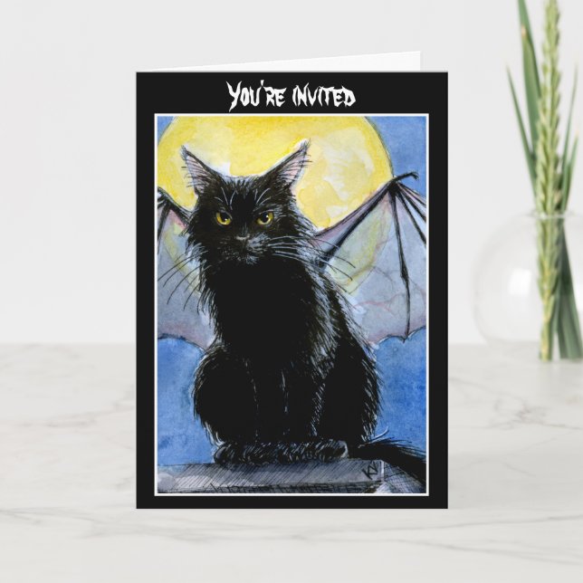 Black Cat Halloween invitation or greeting card (Front)