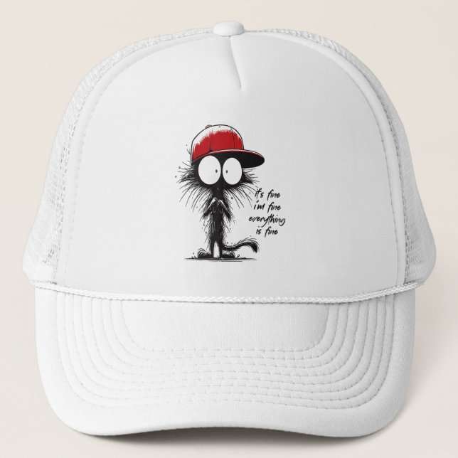 Black Cat Halloween It's Fine I'm Fine Everything  Trucker Hat (Front)
