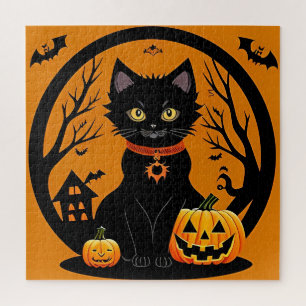 Black Cat Halloween Jack O Lantern Scene Jigsaw Puzzle