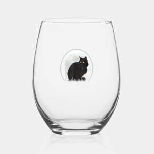 Black Cat Halloween Moon Cat Stemless Wine Glass