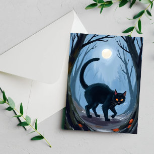 Black Cat Halloween Moon Watercolor Holiday Card