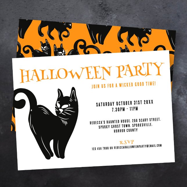 Black Cat Halloween Orange Party Invitation (Creator Uploaded)