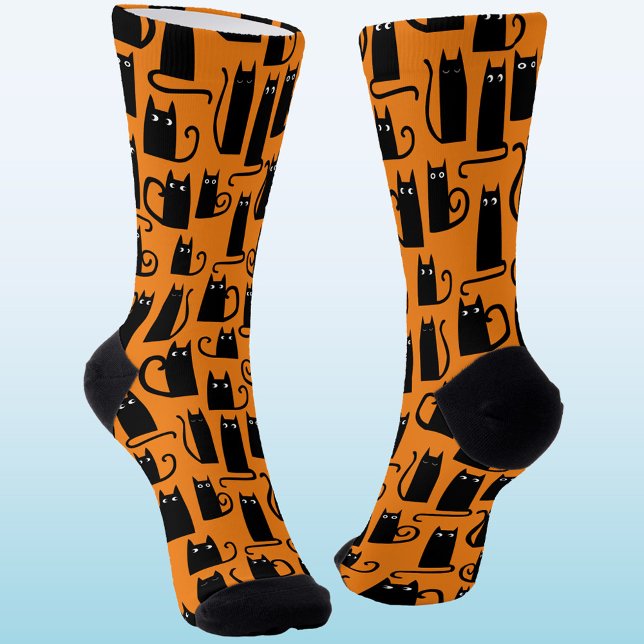 Black Cat Halloween Orange Socks (Fun black cat pumpkin orange socks, perfect for animal lovers at Halloween)