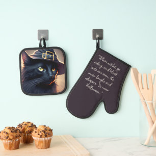 Black Cat Halloween Oven Mitt & Pot Holder Set