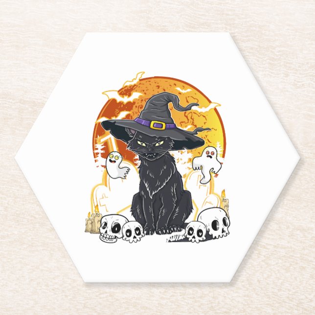 Black Cat Halloween   Paper Coaster (Front)