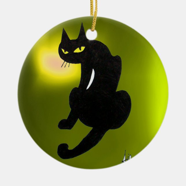 BLACK CAT HALLOWEEN PARTY CERAMIC TREE DECORATION (Front)