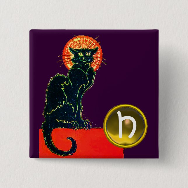 BLACK CAT HALLOWEEN PARTY MONOGRAM 15 CM SQUARE BADGE (Front)
