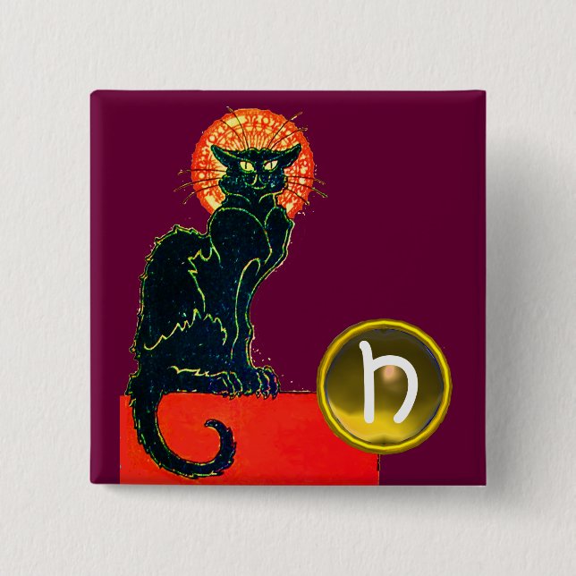 BLACK CAT HALLOWEEN PARTY MONOGRAM 15 CM SQUARE BADGE (Front)