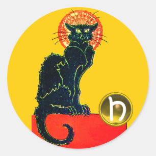 BLACK CAT HALLOWEEN PARTY MONOGRAM CLASSIC ROUND STICKER