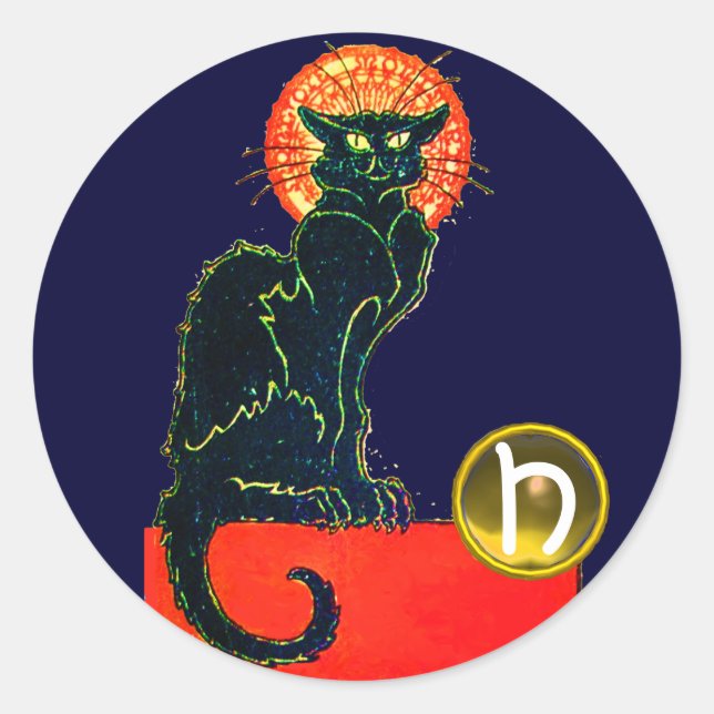 BLACK CAT HALLOWEEN PARTY MONOGRAM CLASSIC ROUND STICKER (Front)