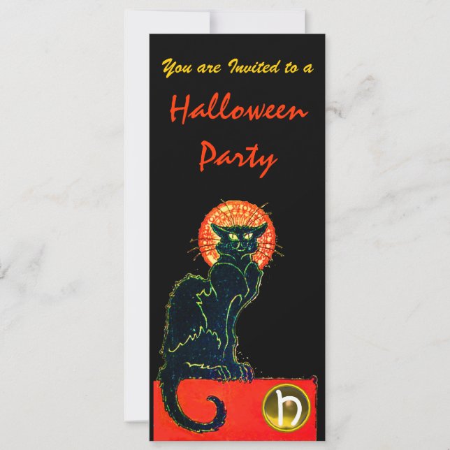 BLACK CAT HALLOWEEN PARTY MONOGRAM gold Invitation (Front)