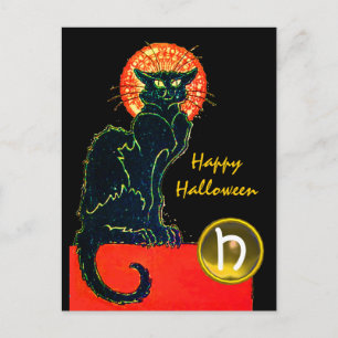 BLACK CAT HALLOWEEN PARTY MONOGRAM HOLIDAY POSTCARD