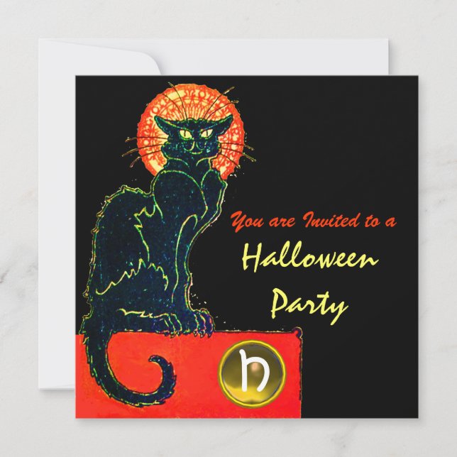 BLACK CAT HALLOWEEN PARTY MONOGRAM INVITATION (Front)