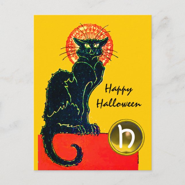 BLACK CAT HALLOWEEN PARTY MONOGRAM INVITATION POSTCARD (Front)